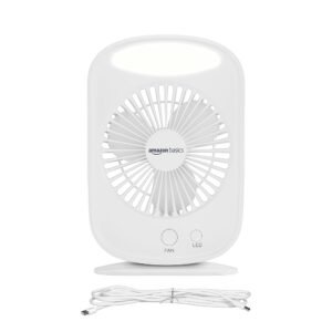 amazon basics Mini Rechargeable Portable Fan with LED Lighting | USB Charging | 3 Speeds & 3 Light Settings | 1800mAh Battery for upto 6.5-Hour Backup (White)