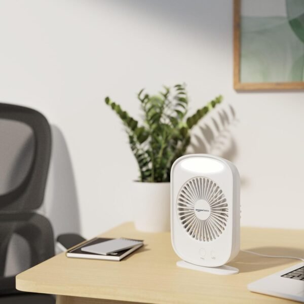 amazon basics Mini Rechargeable Portable Fan with LED Lighting | USB Charging | 3 Speeds & 3 Light Settings | 1800mAh Battery for upto 6.5-Hour Backup (White)