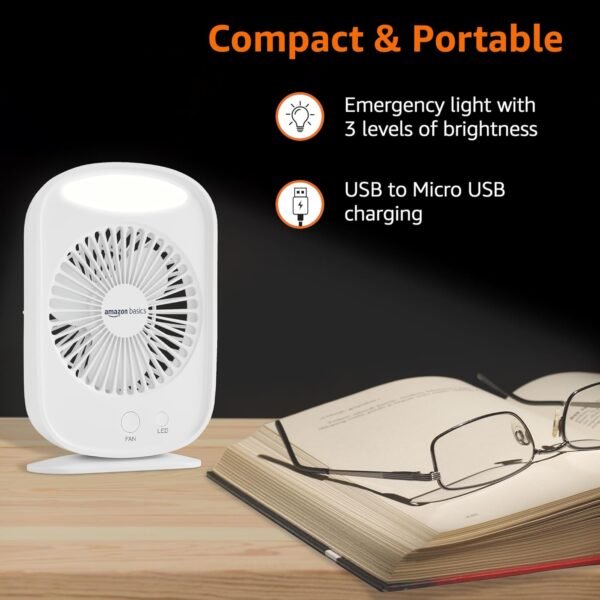 amazon basics Mini Rechargeable Portable Fan with LED Lighting | USB Charging | 3 Speeds & 3 Light Settings | 1800mAh Battery for upto 6.5-Hour Backup (White)