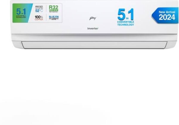 Godrej 5-in-1 Convertible Cooling 2024 Model 1 Ton 3 Star Split Inverter I-sense Technology with Blue Fin Anti Corrosive Coating AC - White