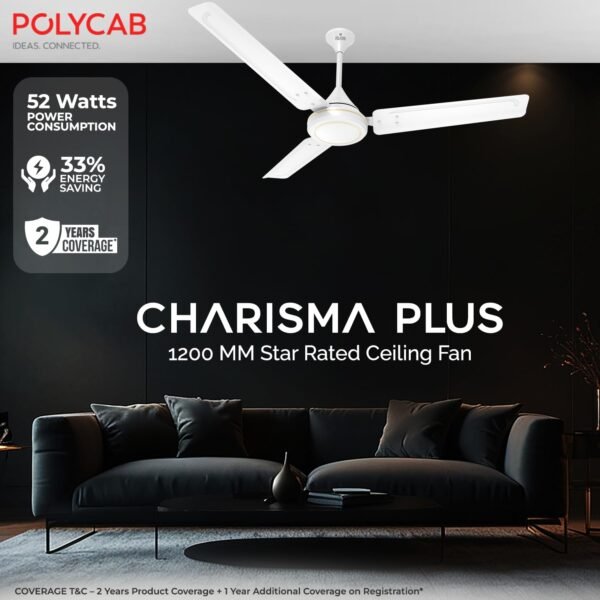 Polycab Charisma Plus 1200 mm high Speed Ceiling Fan | 100% Copper Winding Motor | Corrosion Resistant G-Tech Blades | Star Rated | 52 Watt | 2 years warranty【White】