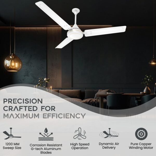 Polycab Charisma Plus 1200 mm high Speed Ceiling Fan | 100% Copper Winding Motor | Corrosion Resistant G-Tech Blades | Star Rated | 52 Watt | 2 years warranty【White】